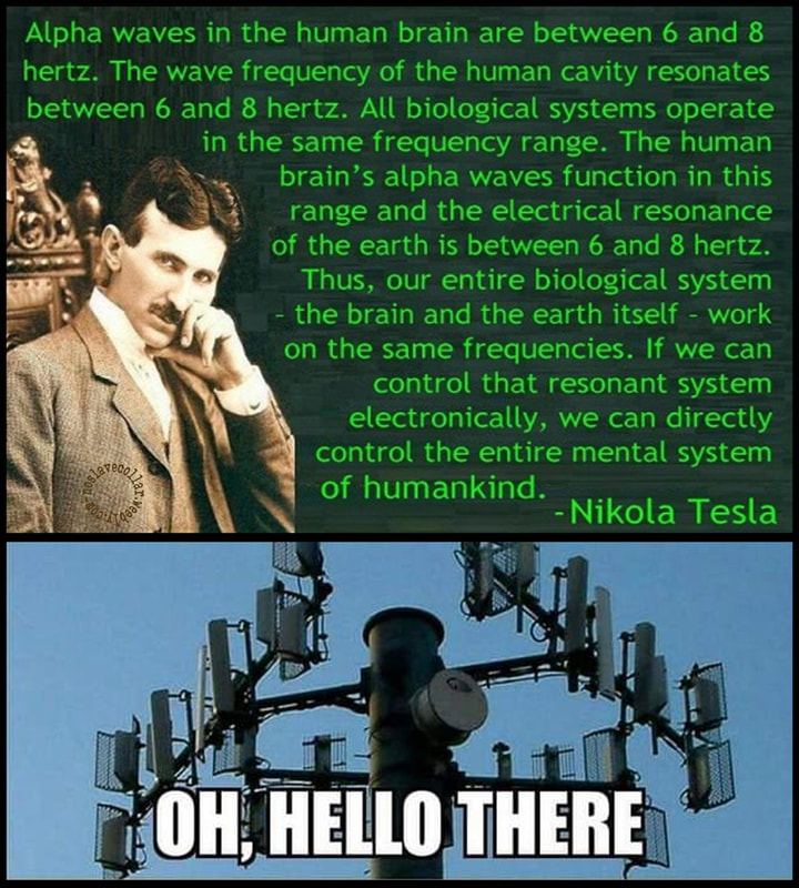 "Alpha waves in the human brain are between 6 and 8 hertz. The wave frequency of the human cavity resonates between 6 and 8 hertz. All biological systems operate in the same frequency range. The human brain's alpha waves function in this range and the electrical resonance of the earth is between 6 and 8 hertz. Thus, our entire biological system - the brain and the earth itself - work on the same frequencies. If we can control that resonant system electronically, we can directly control the whole mental system of humankind." -Nikola Tesla (1856-1943) / Oh, Hello there!