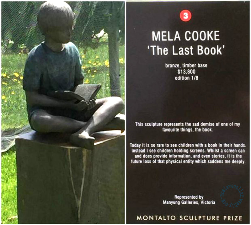 'The Last Book' by artist sculptor Mela Cooke, bronze, Montalto sculpture prize - "This sculpture represents the sad demise of one of my favourite things, the book. Today it is so rare to see children with a book in their hands. Instead I see children holding screens. Whilst a screen can and does provide information, and even stories, it is the future loss of that physical entity which saddens me deeply."