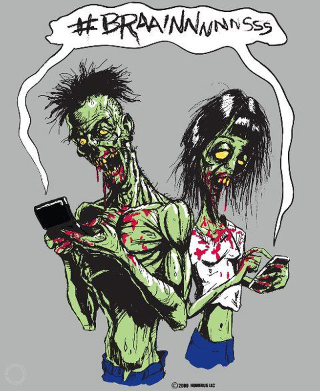 "Braainnnnnsss" - zombies without brains (their "brains" are in their hands)