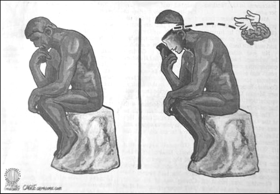 Auguste Rodin's Thinker stopped thinking after 120 years. His brain left him when he got a cellphone!