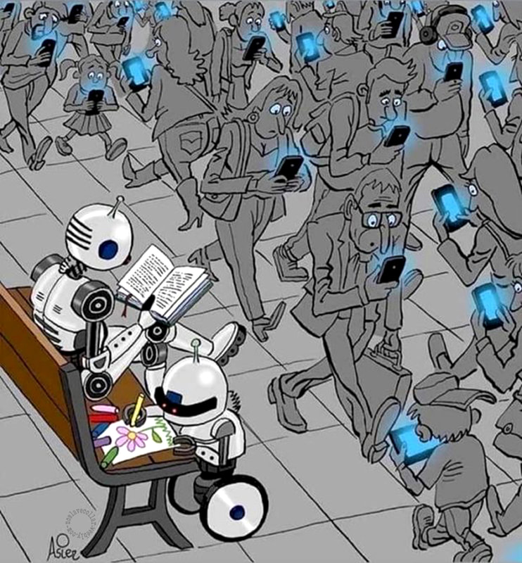 Robots peacefully reading and drawing on a bench while the masses walk by, hypnotised... Who/What is most robotic?