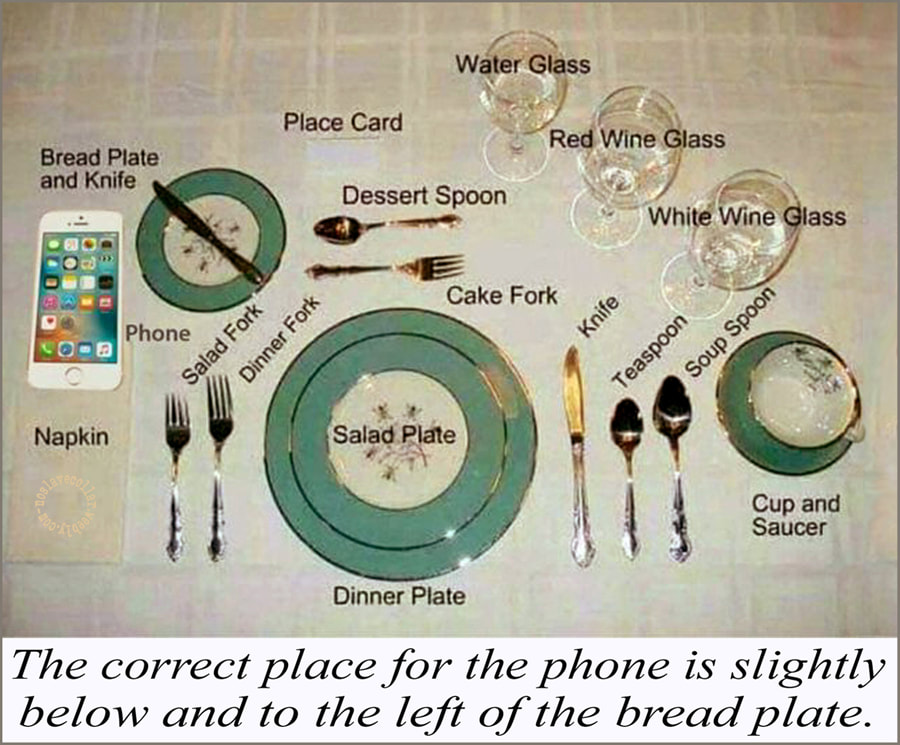 The correct place for the phone is slightly below and to the left of the bread plate.
