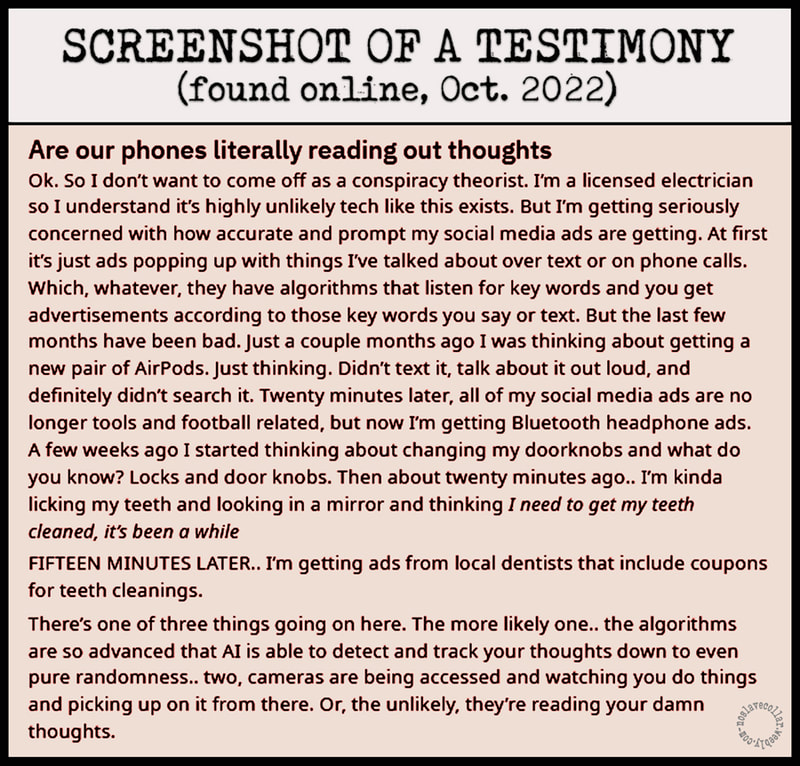 Screenshot of a testimony (found online, Oct.2022) - Are our phones literally reading our thoughts?