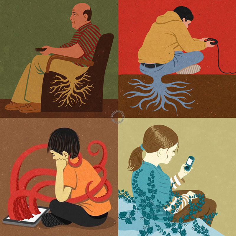 A destroyed family - father rooted in his chair, son to his video game, boy with sprawling screen and girl growing ivy
