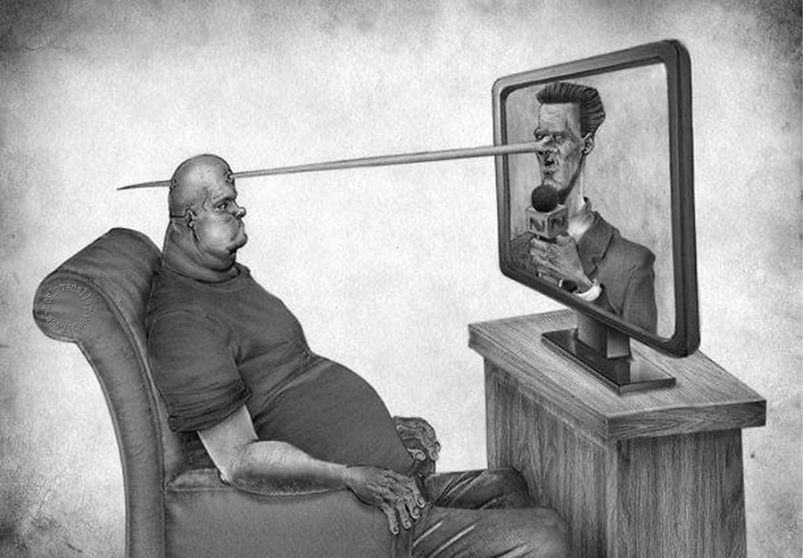 TV screen poking a man's brain