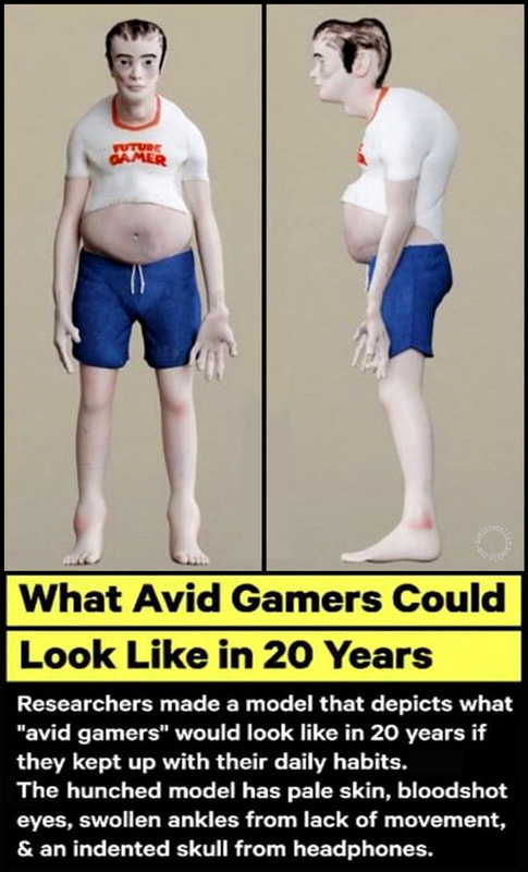 What avid gamers could look like in 20 years - Researchers made a model that depicts what "avid gamers" would look like in 20 years if they kept up with their daily habits. The hunched model has pale skin, bloodshot eyes, swollen ankles from lack of movement, & an indented skull from headphones.
