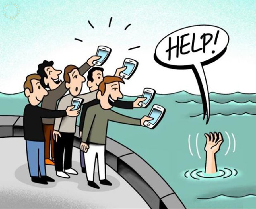 Today's society - Man drowning, calling for help, crowd taking pictures with phones
