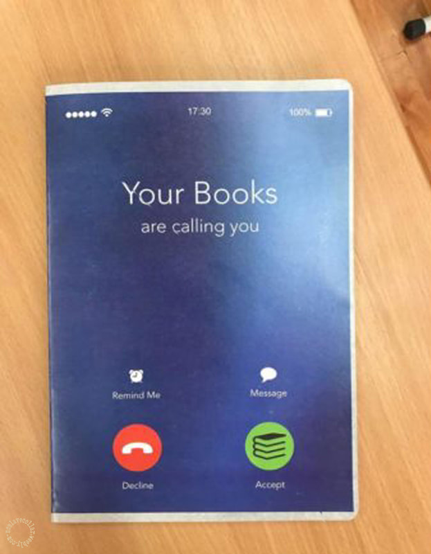 A copybook: "Your books are calling you"
