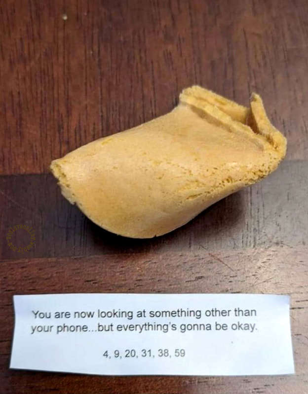 A message in a fortune cookie reads 'You are now looking at something other than your phone... but everything's gonna be okay.'