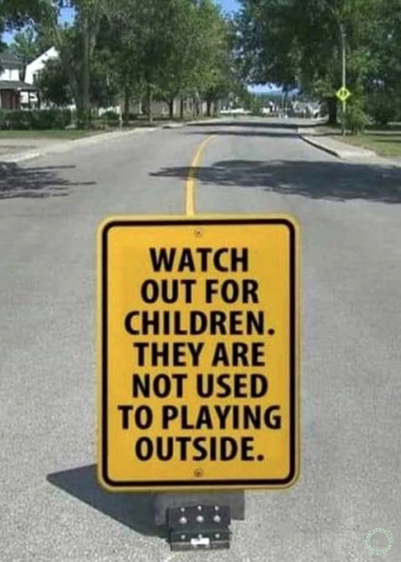 As seen in the middle of the road - 'Watch out for children. they are not used to playing outside.' sign