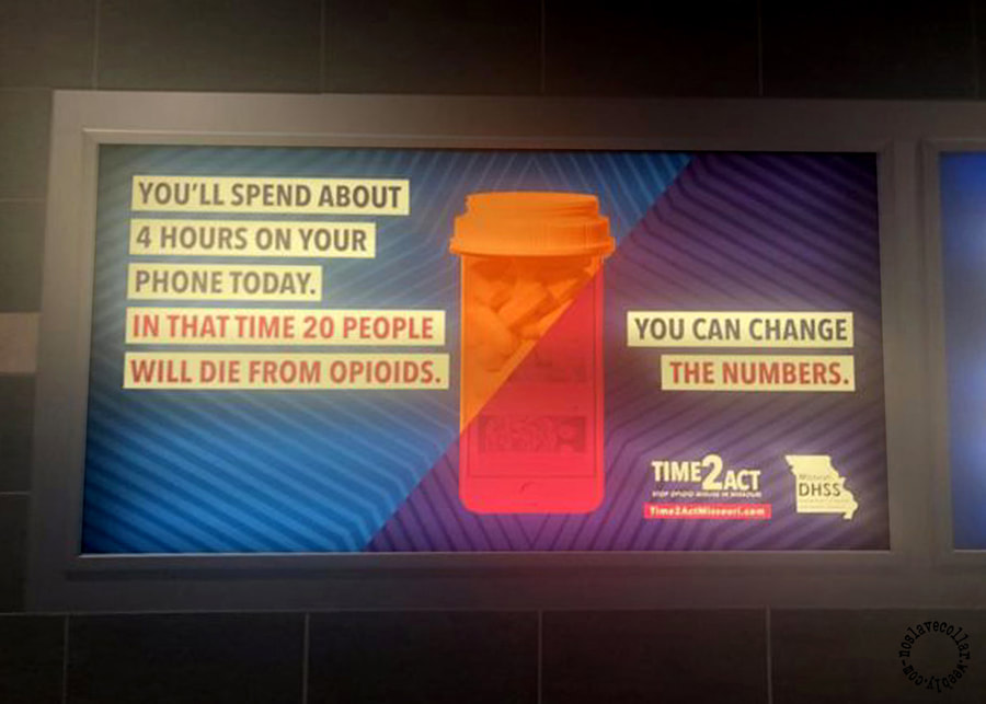 As seen on a screen - Ad reads 'You'll spend about 4 hours on your phone today. In that time 20 people will die from opioids...'