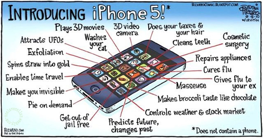 Introducing iPhone 5!* - Attracts UFOs, washes your cat, plays 3D movies, 3D video camera, does your taxes and your hair, cleans teeth, cosmetic surgery, repairs appliances, cures flu, gives flu to your ex, masseuse, makes broccoli taste like chocolate, controls weather and stock market, predicts future, changes past, get out of jail free, pie on demand, makes you invisible, enables time travel, spins straw into gold, exfoliation - *Does not contain a phone.