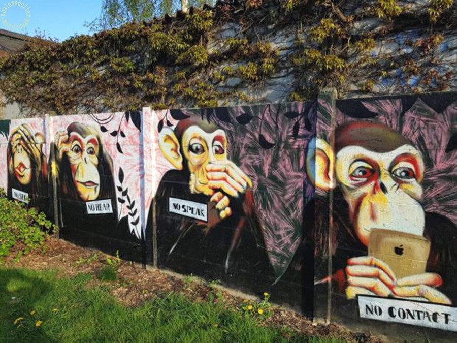 Wall art in Belgium - it reads 'No see, No hear, No speak, NO CONTACT'